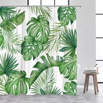 Tropical Plant Leaves Shower Curtain Hummingbird Palm Leaf Monstera Butterfly Watercolour Art Fabric Home Decor Bathroom Curtain 90x180cm-35x70in