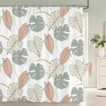 Tropical Plant Leaves Shower Curtain Nordic Minimalist Floral Bath Curtain Waterproof Fabric 3D Bathroom Curtains With Hooks W90xH180cm