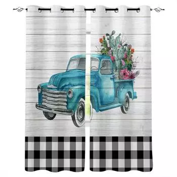 Tropical Plants Cactus Car Black And White Plaid Wood Blackout Curtains Bedroom Blinds Drapes Window Curtains For Living Room W135 x H60cm