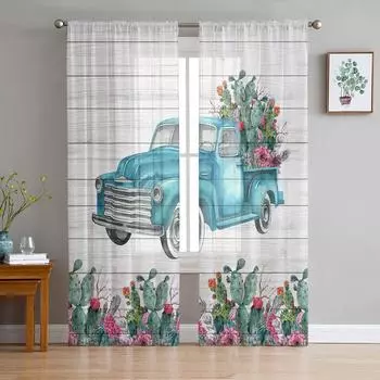 Tropical Plants Cactus Truck Sheer Tulle Window Curtains For Living Room Bedroom Kitchen Veiling Curtain Home Decoration W135 x H114cm