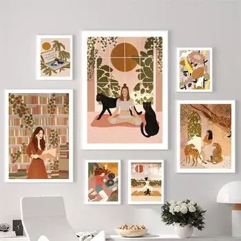 Тропическая девушка книга цветок гепард бохо плакаты на скандинавскую тему и принты настенная живопись на холсте настенные панно для декора гостиной без рамки 21*30cm