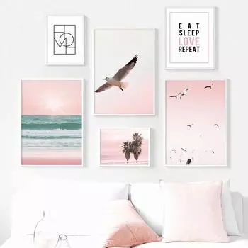 Тропическая настенная живопись на холсте, пляжная морская волна, пальма, морская птица, плакаты на скандинавскую тему и принты, настенные панно для декора гостиной 21x30cm No Framed