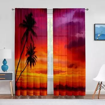 Тропическая прозрачная вуаль занавеска экзотический закат над морским пейзажем кокосовая пальма оконный тюль занавески для гостиной спальни 1 PCS W100XH250cm&Rod Pocket
