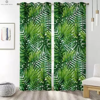 Тропическая растительность Зеленые растения Соответствие цветов Шторы с принтом в скандинавском стиле Спальня Гостиная Кабинет Декоративные шторы W50xH130(CM)x2PCS&Rod pocket
