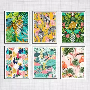 Тропические джунгли, дикий тигр, леопард, фламинго, художественная роспись маслом, скандинавский плакат и гравюра для гостиной 21cm30cm NoFrame