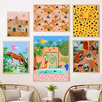 Тропические джунгли Растение Тигр Леопард Верблюд Настенная живопись Холст Картина Девушка Пальмовая роща Марракеша Постер Печать Картины Домашний декор 21x30cm No Framed белый