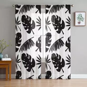 Тропические листья джунглей хвойные прозрачные шторы для гостиной, спальни, дома, кухни, украшения окна, тюлевые шторы из вуали 1 PCS W100XH250cm
