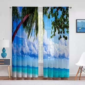 Тропические прибрежные пальмы, летний океанский пейзаж, тюлевые шторы для гостиной, шифоновая прозрачная вуаль, занавеска для кухни, спальни 1 PCS W100XH250cm&Rod Pocket