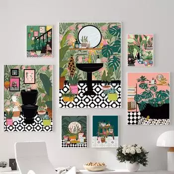 Тропические растения. Растения для ванной комнаты. Скандинавский плакат. Богемное украшение с зелеными листьями. 21cm30cm NoFrame