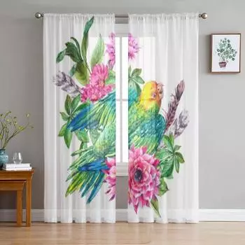 Тропические винтажные розовые цветы зеленый попугай прозрачные шторы для гостиной тюль оконная занавеска спальня кухня вуаль шторы 135W x 114H(cm)