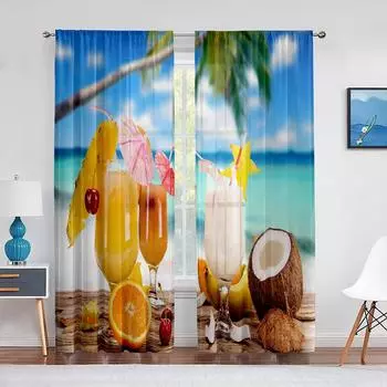 Тропический коктейль кокосовый крупный план пляжная прозрачная занавеска для гостиной с принтом тюлевая занавеска для окна роскошный домашний декор для балкона шторы 1 PCS W100XH250cm&Rod Pocket