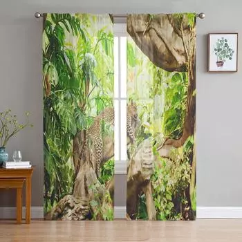 Тропический лес, гепард, джунгли, леопард, зеленые прозрачные шторы для гостиной, спальни, декор, оконные вуали, тюль, занавески, драпировки W135 x H114cm