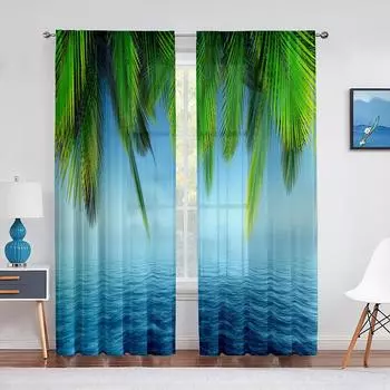 Тропический морской пейзаж с пальмовыми листьями, океан, тюлевые шторы для гостиной, спальни, декор, шифоновая прозрачная вуаль, кухонная оконная занавеска 1 PCS W100XH250cm&Rod Pocket
