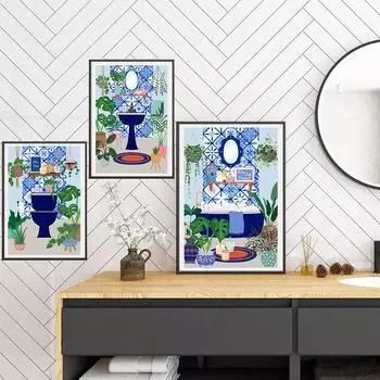 Тропический настенный рисунок в ванной комнате Печать на унитазе Плакат Синяя средиземноморская плитка Картина на холсте Максималистские настенные картины Декор 21x30cm No Framed