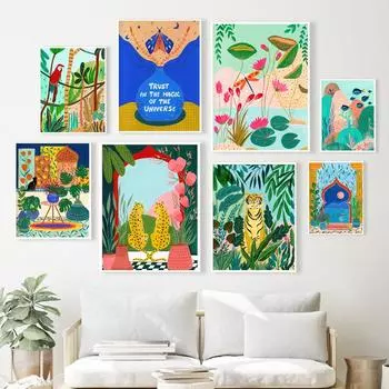 Тропический Тигр, Леопард, Рыба, Лотос, Марокко, Ваза, настенная живопись на холсте, постеры и принты, настенные панно для декора гостиной, без рамки 21*30cm