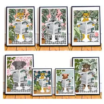 Тропический зебра, тигр, леопард, слон на унитазе, читающий газету, постер, холст, картина, принты, настенное искусство, картина, декор ванной комнаты 21x30cm No Framed