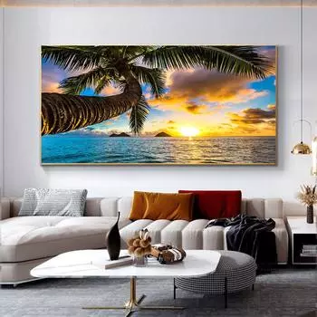 Тропическое море, пляж, постеры, силуэты пальм, закат, холст, живопись, постеры и принты, настенные художественные изображения, домашний декор, Куадрос 20x40cm No Frame