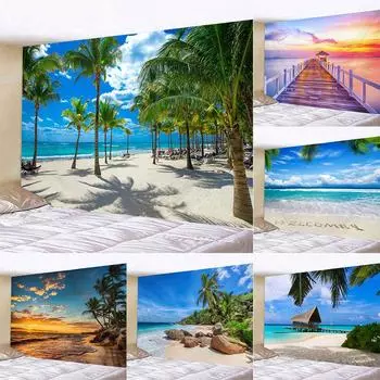 Тропическое растение, пляж, вид на море, гобелен с принтом, домашняя гостиная, спальня, общежитие, настенный декор, тканевый гобелен 100x75cm