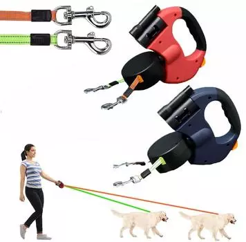 Трос для выгула собак от одного до двух собак, плюшевый ошейник для средних и маленьких собак, померанский шпиц, двойной автоматический выдвижной трос для выгула собак One Size темно-синий