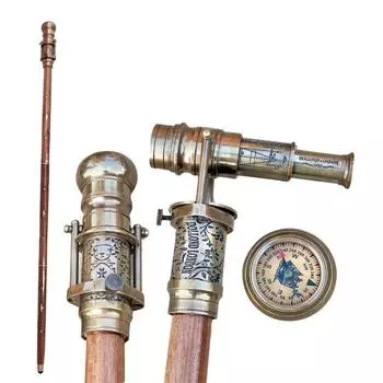 Трость для ходьбы из латуни с гравировкой, телескопом и компасом наверху, трость-подзорная труба, 1920 г., Dollond London, викторианские трости, подарок ручной работы M коричневый