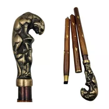 Трость для ходьбы с ручкой из дерева в античном стиле Jaguar, тройное складывание, в морском винтажном стиле золотистый/коричневый