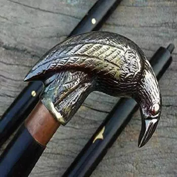 Трость латунная с ручкой в виде головы ворона, деревянная трость