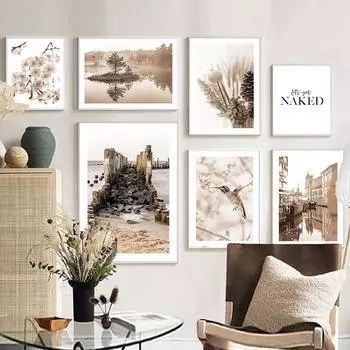 Тростниковый цветок мост птица лес здание настенная живопись на холсте плакаты на скандинавскую тему и принты настенные панно для декора гостиной 21cm30cm NoFrame