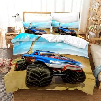 Truck Duvet Cover Set Automobile Blue Monster Pickup Truck Quilt Cover Monster Truck Bedding Set Polyester PillowCase 135x200cm 2pcs
