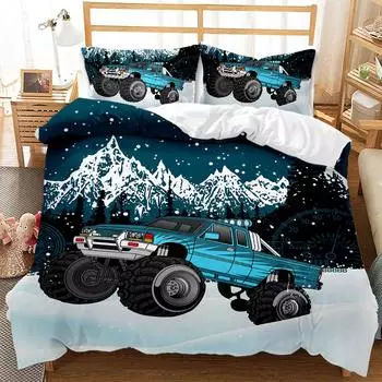Truck Duvet Cover Set Automobile Blue Monster Pickup Truck Off Road Vehicle Bedding Set For Boys King Size Polyester Quilt Cover EU single 135x200cm