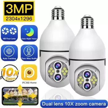 True 3MP 10X Zoom Двойной объектив E27 Лампочка Наблюдение PTZ Панорамная IP-камера для умного дома Монитор для домашних животных Двустороннее аудиообнаружение движения