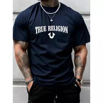 True Religion Мужская хлопковая футболка, роскошный бренд, модная футболка большого размера, повседневная, с коротким рукавом, уличная, классическая, с принтом, новое поступление S