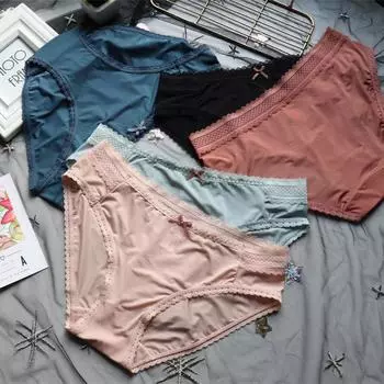 Трусики для девочек, тонкие шелковые шелковые бесшовные быстросохнущие кружевные нижнее белье, женские трусы с низкой посадкой One Size чёрный