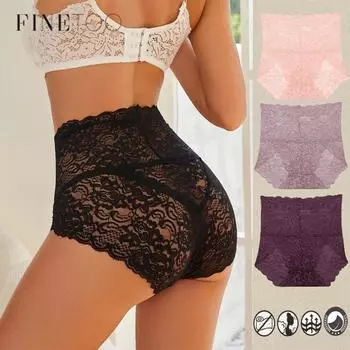 Трусики FINETOO с высокой талией для женщин, сексуальное кружевное нижнее белье с цветочным рисунком, дышащее и мягкое нижнее белье S чёрный