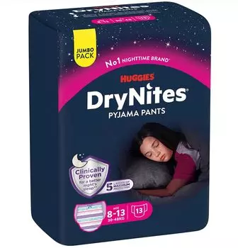 Трусики Huggies DryNites от недержания мочи для девочек, большой размер, 13 шт., 8-15 лет, 27-57 кг, упаковка, [Товар] серый