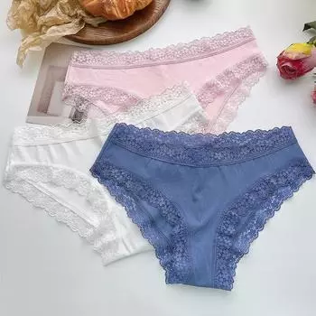 Трусики из чистого хлопка для женщин, мягкое кружево, однотонное нижнее белье, удобные и дышащие трусы XS-XL S чёрный