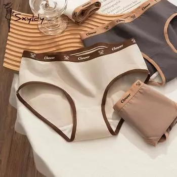 1/3 шт. Женские хлопковые трусики средней посадки с алфавитом и однотонные дышащие летние трусы L чёрный