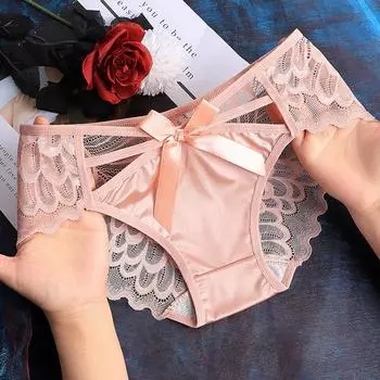 Трусики с бантом и кружевом для женщин, атласные, из чистого хлопка, с промежностью, дышащие, сексуальные, со средней талией, женские трусы, нижнее белье, панталоны M чёрный