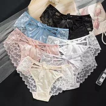 Трусики с бантом и кружевом для женщин, атласные, из чистого хлопка, с промежностью, дышащие, сексуальные, со средней талией, женские трусы, нижнее белье, панталоны M