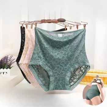 Трусики с высокой талией Кружевное нижнее белье Мягкие женские треугольные женские трусики осень-зима M лес зеленый
