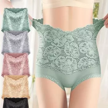 Трусики с высокой талией, утягивающие живот, удобные, полностью закрывающие, элегантные, с цветочным жаккардовым узором, кружевные пэчворк, мягкие и дышащие женские трусики M чёрный