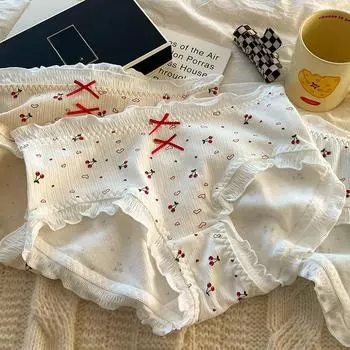 Трусики со средней талией, женское нижнее белье, милые вишневые дышащие трусы с высоким прыжком, сумка для подъема ягодиц, антибактериальные трусы L синий