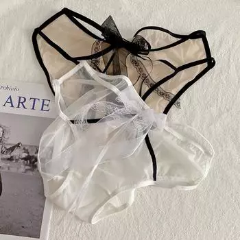 Трусики-трусы из прозрачной сетки с низкой талией и бантом из ленточного кружева One Size (80~120)