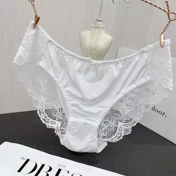Трусики женские перламутровые высокоэластичные увеличенные сексуальные атласные кружевные стянутые приподнятые ягодицы из чистого хлопка со средней талией нижнее белье трусики трусы нижнее белье L белый