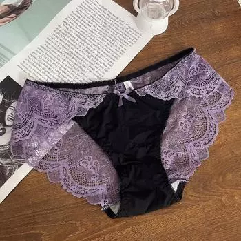 Трусики женские ретро цветные блокированные высококачественные сексуальные кружевные утягивающие живот из чистого хлопка со средней талией удобные треугольные трусики трусы нижнее белье L чёрный