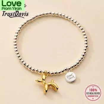 Trustdavis Genuine 925 Sterling Silver Minimalist 3mm Beads Animal Balloon Dog Elastic Bracelet For Women Wedding Jewelry Da2609 16cm-elastic золотой