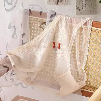 Трусы больших размеров со средней талией в аристократическом стиле, полупрозрачное кружево, новое нижнее белье в китайском стиле XL зелёный