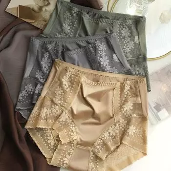 Трусы для женщин, трусы-стринги с высокой талией, присборенные, с высокой эластичностью, большие размеры, кружевные атласные бесшовные треугольные трусики L