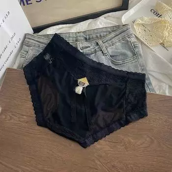 Трусы из французского атласного кружева, женские трусы со средней талией Pure Desire, черные сексуальные кружевные слегка полые трусы для девочек one size чёрный