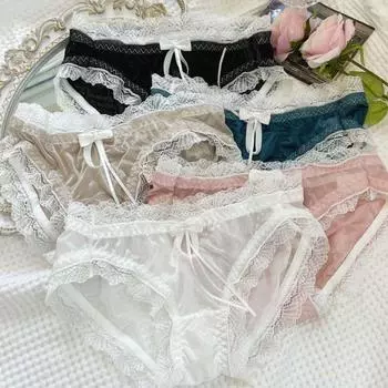 Трусы с заниженной талией и бантом, кружевные, однотонные, женские, прозрачные, сетчатые, с бантом, трусики для девочек XL