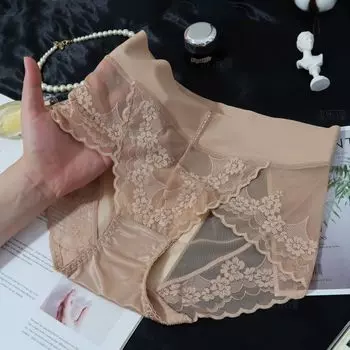 Трусы женские сексуальные без следов, ингибирующие бактерии ледяного шелка, кружевное нижнее белье большого размера со средней талией One Size чёрный